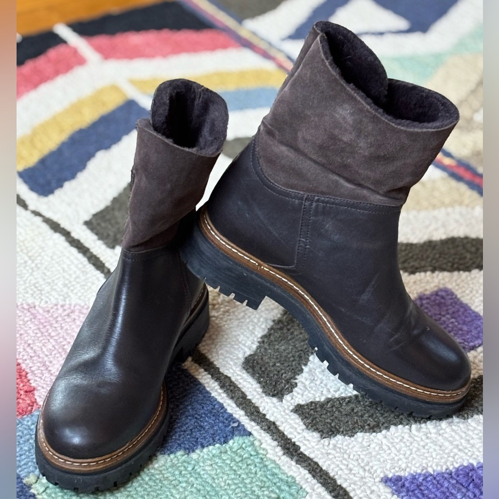 Fabianelli Italian Leather Suede Zip Ankle Lug Sole Boots Faux Fur Brown size 8